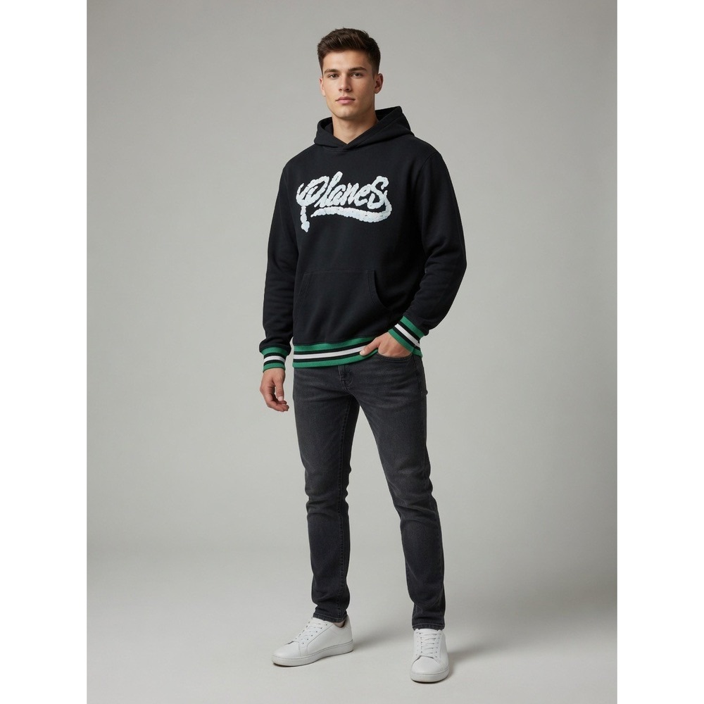 Paper Planes Mens Black Puff Print Logo Hoodie Striped Trim Sweatshirt Large